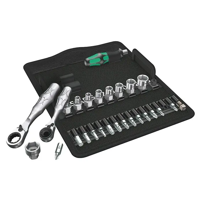Wera Zyklop Steckschlüssel-Set Zyklop Mini 2 - 27 -tlg., Antriebsgröße: ¼″ - Werkzeugset mit Ratschen, Nüssen und Bits in einer praktischen Aufbewahrungstasche für Handwerker und Heimwerker.