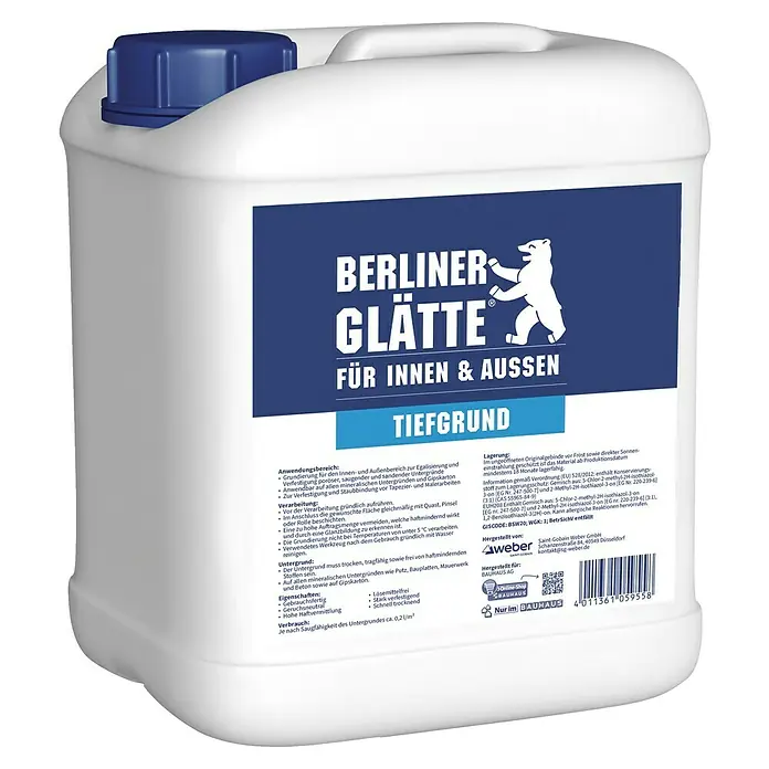 Berliner Glätte Tiefengrund - 5 l - Kanister Berliner Glätte Tiefgrund für Innen und Außen, ideal zur Vorbereitung von Oberflächen für nachfolgende Arbeiten.