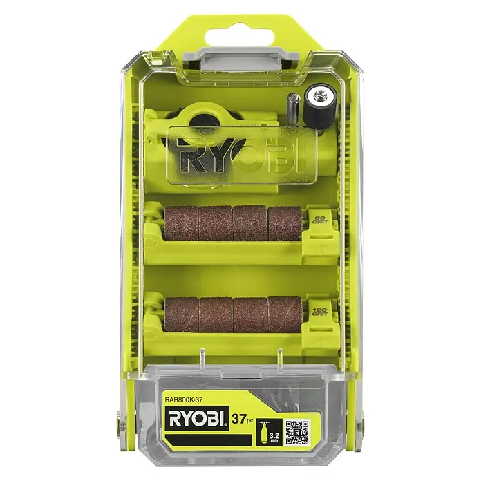 Ryobi Mehrzweck-Set RAR300K-12 - 37 -tlg. - Ryobi RAR800K-37 Schleifhülsen-Set, 37-teilig, mit verschiedenen Körnungen und Zubehör in praktischer Aufbewahrungsbox.