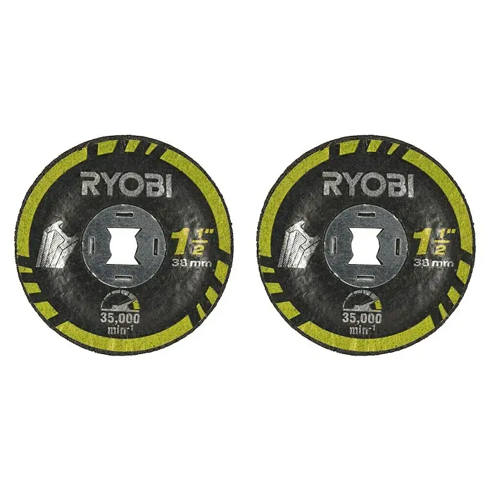 Ryobi Schleifscheiben RAR507-2 - Passend für: Rotationswerkzeuge mit 3,2 mm (1/8") Spannzangenkapazität - Zwei Ryobi Trennscheiben, 1 1/2 Zoll (38 mm) Durchmesser, mit einer maximalen Drehzahl von 35.000 U/min. Für Präzisionsarbeiten konzipiert.