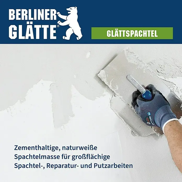 Berliner Glätte Glättspachtel - 25 kg - Bild von Berliner Glätte Glättspachtel, eine zementhaltige, naturweiße Spachtelmasse für Spachtel-, Reparatur- und Putzarbeiten.