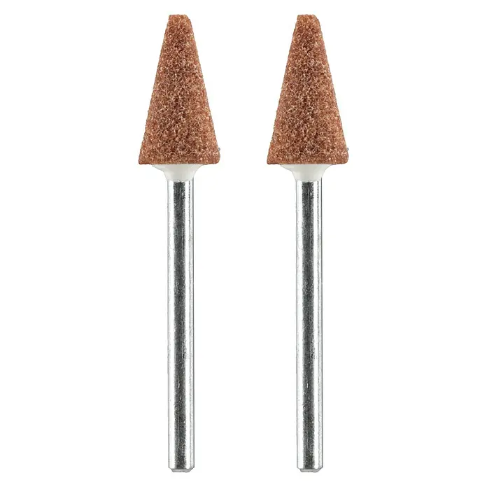 Ryobi Korund-Schleifspitze RAR505-2 - Arbeitsdurchmesser: 7,9 mm - Zwei Schleifstifte mit Kegelkopf und silberfarbenem Schaft auf schwarzem Hintergrund, ideal zum Schleifen und Polieren von Werkstoffen.