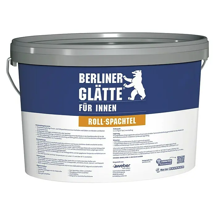 Berliner Glätte Rollspachtel - 15 kg, Gebrauchsfertig - Abbildung eines Eimers Berliner Glätte Roll-Spachtel Tiefengrund für Innenanwendungen, ideal zum Glätten von Wänden und Decken.