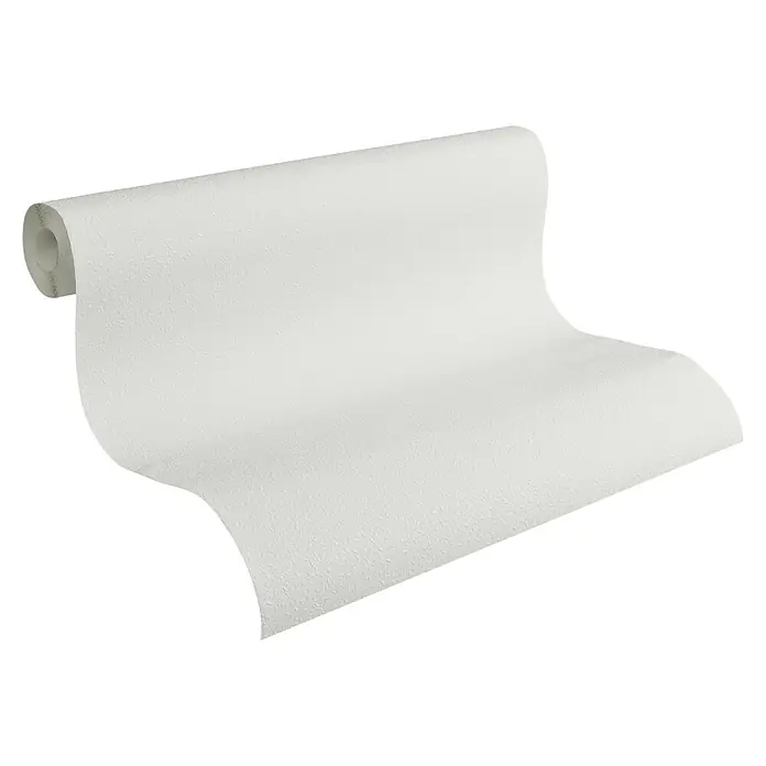 Atlantis Protect Vliestapete Raufaserstruktur - Weiß, Uni, 10,05 cm x 0,53 m - Nahaufnahme einer Rolle stilvoller, weißer Tapete mit einer subtilen Textur, die ein elegantes und modernes Designelement hervorhebt.