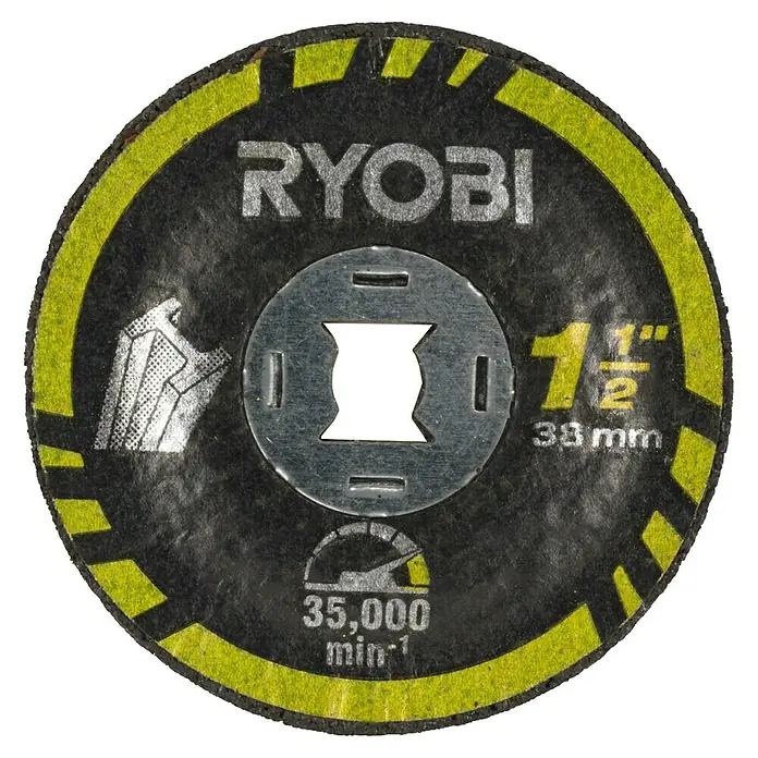 Ryobi Schleifscheiben RAR507-2 - Passend für: Rotationswerkzeuge mit 3,2 mm (1/8") Spannzangenkapazität - Nahaufnahme einer RYOBI 1 1/2" (38 mm) Trennscheibe, ideal zum Schneiden und Schleifen von Metall und anderen Materialien.