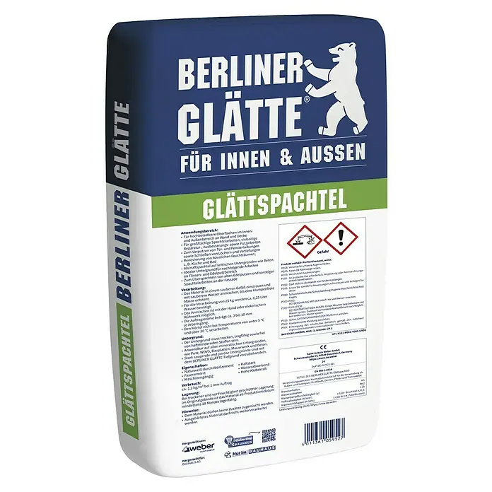 Berliner Glätte Glättspachtel - 25 kg - Berliner Glätte Glättspachtel für Innen- und Außenbereich. Der ideale Spachtel für glatte Oberflächen, vielseitige Reparaturen und Renovierungen.