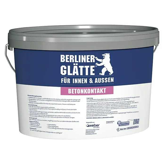 Berliner Glätte Betonkontakt - 6 kg - Eimer Berliner Glätte Betonkontakt für den Innen- und Außenbereich, ideal für dichte Untergründe und zur Vorbereitung von Putz- und Spachtelarbeiten.