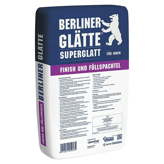 Berliner Glätte Füll- & Glättspachtel Finish Superglatt - 20 kg - Abbildung einer Packung Berliner Glätte Superglatt Finish und Füllspachtel für den Innenbereich, ideal zum Spachteln, Füllen und Glätten.