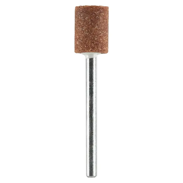 Ryobi Korund-Schleifspitze RAR503 - Arbeitsdurchmesser: 12,7 mm, Passend für: Rotationswerkzeuge mit 3,2 mm (1/8") Spannzangenkapazität - Nahaufnahme eines zylindrischen Schleifsteins mit Metallschaft, ideal für Präzisionsarbeiten und Schleifaufgaben.