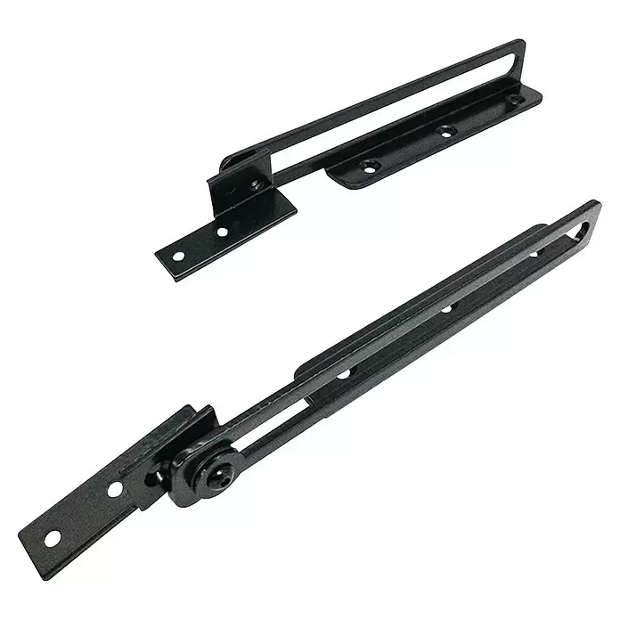 Dolle Schiebebeschlag - Schwarz, Passend für: Dolle Hochbettleitern - Zwei schwarze verstellbare Deckelstützen aus Metall, eine gefaltet und eine ausgefahren, für Möbel.