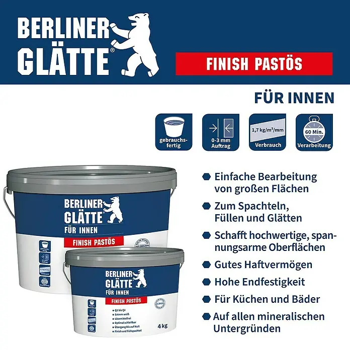 Berliner Glätte Füll- & Glättspachtel Finish Pastös - 15 kg - Produktabbildung von Berliner Glätte Finish Pastös für Innenanwendungen, erhältlich in verschiedenen Gebindegrößen.