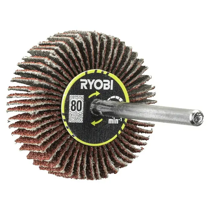 Ryobi Fächerschleifer RAR604 - Arbeitsdurchmesser: 30 mm, Körnung: 80 - Das Bild zeigt eine Ryobi Lamellenschleifscheibe Korn 80 mit Schaft für Schleifarbeiten.