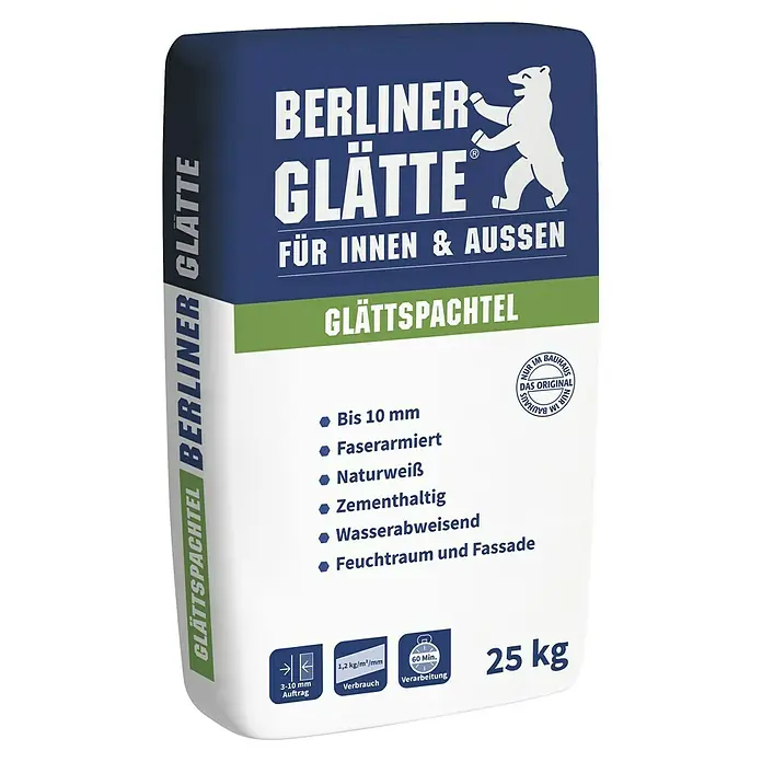 Berliner Glätte Glättspachtel - 25 kg - Abbildung eines Sacks Berliner Glätte Glättspachtel, geeignet für Innen- und Außenbereiche, mit 25 kg Inhalt und allen Produktmerkmalen.