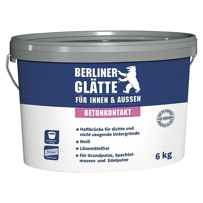 Berliner Glätte Betonkontakt - 6 kg - Produktbild eines Eimers Berliner Glätte Betonkontakt, geeignet für den Innen- und Außenbereich, mit 6 kg Inhalt.