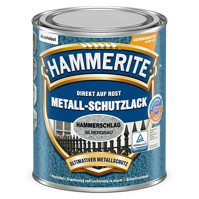 Hammerite Metall-Schutzlack Hammerschlag - Silbergrau, 750 ml, Glänzend, Lösemittelbasiert - Hammerite Metall-Schutzlack, direkt auf Rost, für einen ultimativen Metallschutz. Rostschutz, Grundierung und Lackierung in einem, schnelltrocknend.