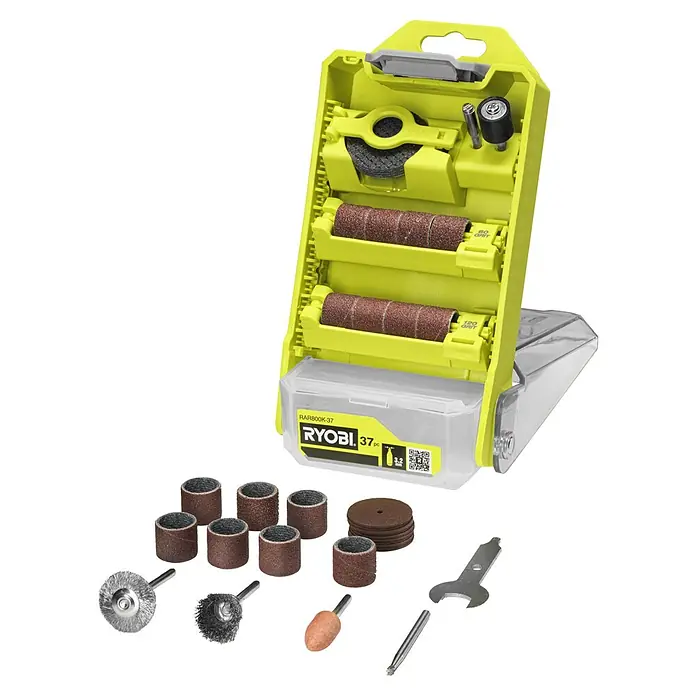 Ryobi Mehrzweck-Set RAR300K-12 - 37 -tlg. - Bild eines Ryobi RAR800K-37 Zubehörsets mit verschiedenen Schleifwerkzeugen und Aufsätzen, ideal für Heimwerkerprojekte.