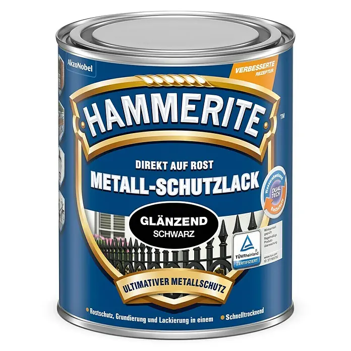 Hammerite Metall-Schutzlack - Schwarz, 2,5 l, Glänzend, Lösemittelbasiert - Hammerite Metall-Schutzlack, glänzend schwarz, bietet direkten Rostschutz und Grundierung in einem für langanhaltenden Metallschutz.