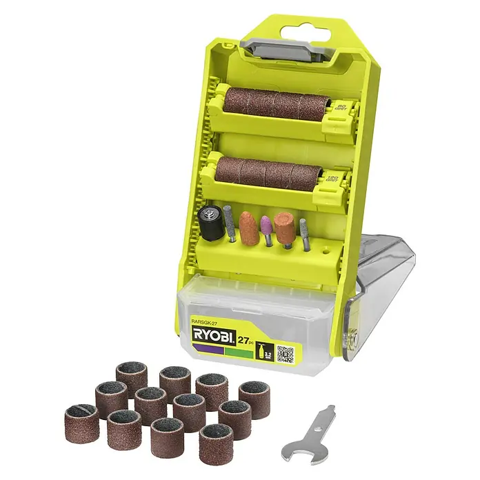 Ryobi Zubehör-Set Schleifen & Schärfen RARSGK-27 - 27 -tlg. - Ryobi RARSGK-27 Schleif- und Polieraufsatz-Set mit Schleifhülsen, Polierwerkzeugen und Schraubenschlüssel in gelber Aufbewahrungsbox.