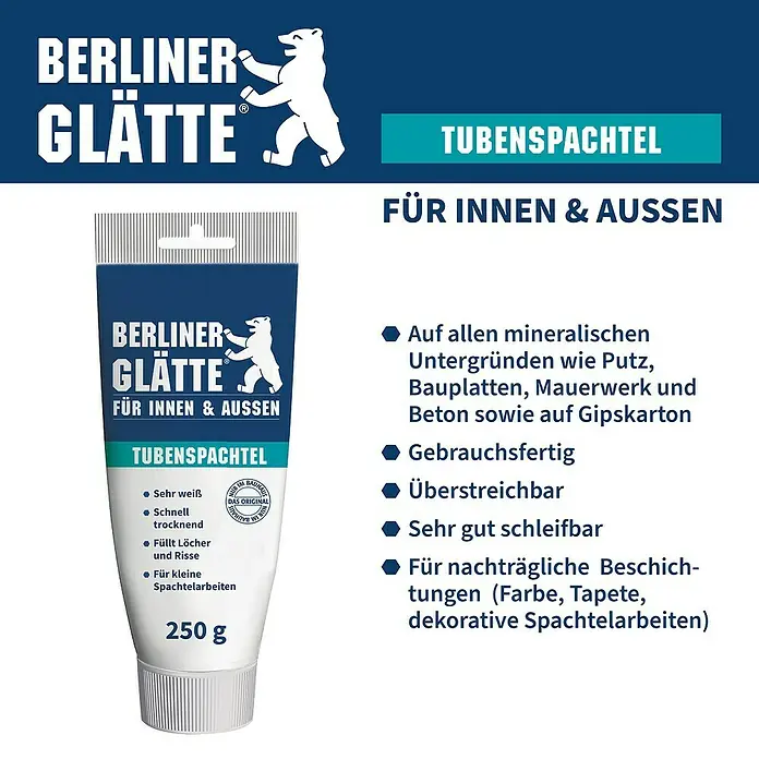 Berliner Glätte Fertigspachtel Tube - 250 g - Produktbild von Berliner Glätte Tubenspachtel, eine gebrauchsfertige Spachtelmasse für den Innen- und Außenbereich.