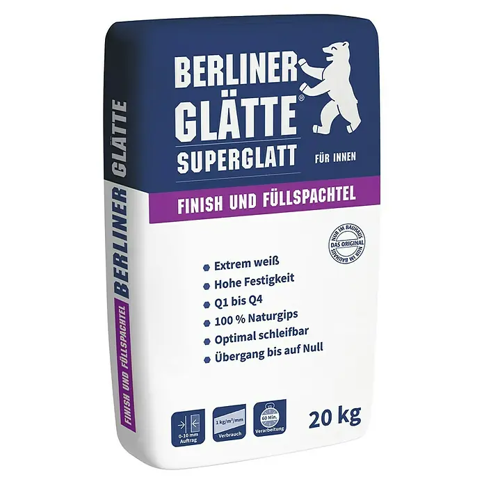 Berliner Glätte Füll- & Glättspachtel Finish Superglatt - 20 kg - Ein Sack Berliner Glätte Superglatt Finish und Füllspachtel, 20 kg, ideal für Innenräume. Extrem weiß, hohe Festigkeit und optimal schleifbar.