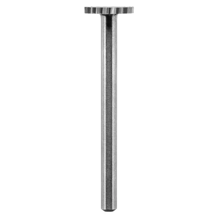 Ryobi Fräsmesser RAR103 rund - Arbeitsdurchmesser: 9,5 mm, Passend für: Rotationswerkzeuge mit 3,2 mm (1/8") Spannzangenkapazität - Bild eines Metall-Schneidrads mit Schaft, verwendet für Rotationswerkzeuge. Das Zubehör ist ideal für präzise Schneidearbeiten.