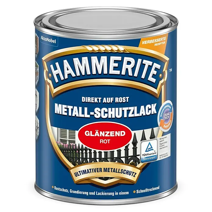 Hammerite Metall-Schutzlack - Rot, 750 ml, Glänzend, Lösemittelbasiert - Hammerite Metall-Schutzlack, Direkt auf Rost, glänzend rot, ultimativer Metallschutz für langanhaltenden Schutz und ein perfektes Finish.