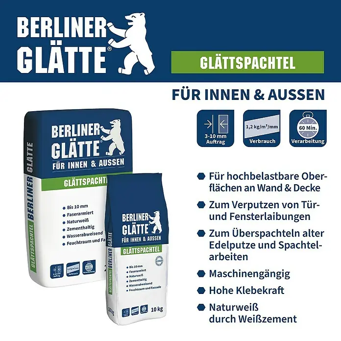 Berliner Glätte Glättspachtel - 25 kg - Produktbild: Berliner Glätte Glättspachtel für Innen- & Aussenbereich, ideal für hochbelastbare Oberflächen an Wand & Decke.