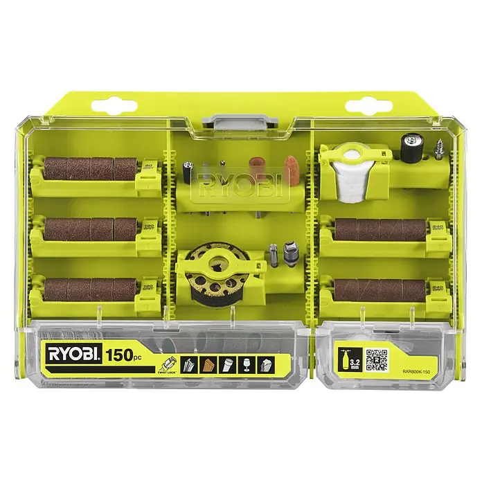 Ryobi Mehrzweck-Set RAR800K-150 - 150 -tlg. - Das Ryobi 150-teilige Zubehörset mit verschiedenen Schleifhülsen, Fräsern und Polierwerkzeugen ist ideal für vielfältige Schleif- und Polierarbeiten.