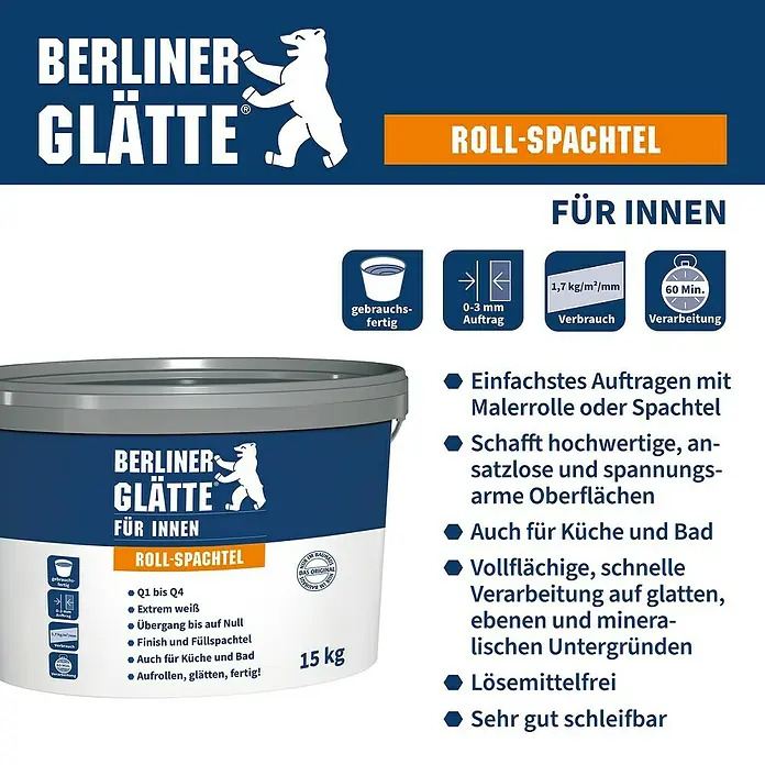 Berliner Glätte Rollspachtel - 15 kg, Gebrauchsfertig - Berliner Glätte Rollspachtel für Innen: Gebrauchsfertige Rollspachtelmasse für glatte Oberflächen im Innenbereich. Einfache Anwendung für Küche und Bad.