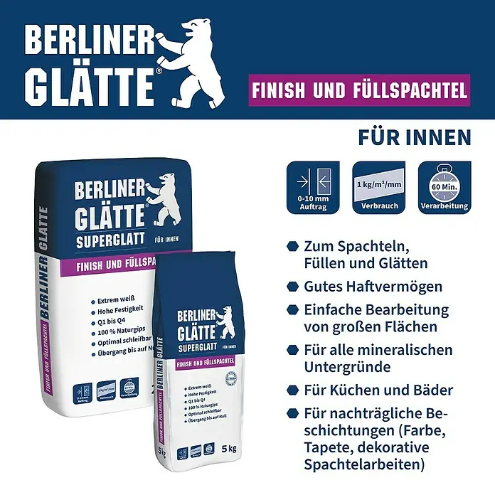Berliner Glätte Füll- & Glättspachtel Finish Superglatt - 20 kg - Produktabbildung von Berliner Glätte Superglatt Finish- und Füllspachtel, ideal für glatte Oberflächen im Innenbereich.