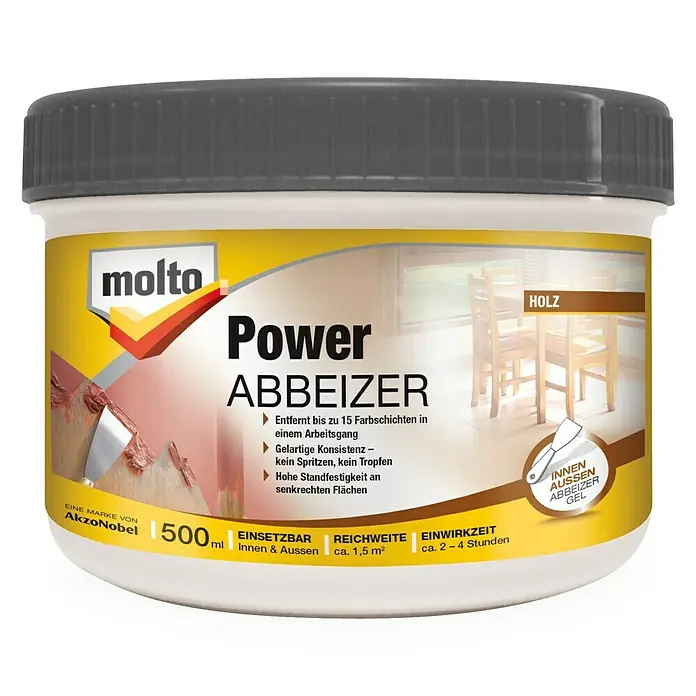 Molto Abbeizer Power - 500 ml - Abgebildet ist ein Behälter Molto Power Abbeizer, ein Produkt zur Entfernung von Farbschichten auf Holzoberflächen im Innen- und Außenbereich.
