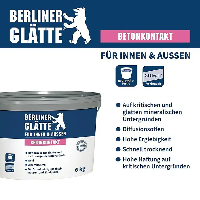 Berliner Glätte Betonkontakt - 6 kg - Berliner Glätte Betonkontakt für innen und aussen, 6 kg Eimer. Für kritische und glatten mineralischen Untergründen.