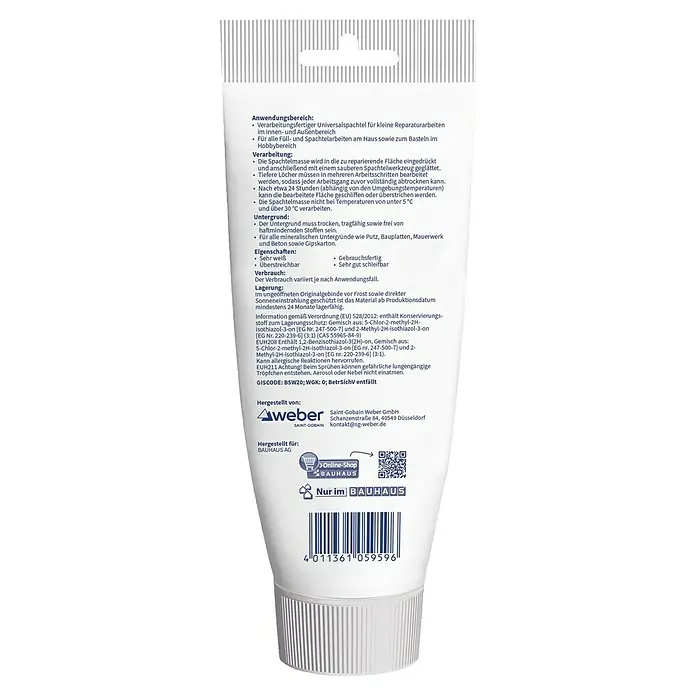 Berliner Glätte Fertigspachtel Tube - 250 g - Produktbild einer Tube Universalspachtel von Weber, ideal für Reparaturen im Innen- und Außenbereich, erhältlich bei Bauhaus.