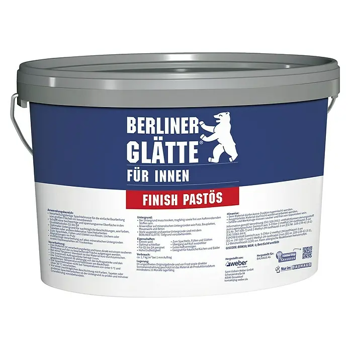 Berliner Glätte Füll- & Glättspachtel Finish Pastös - 15 kg - Abbildung eines Eimers Berliner Glätte Finish Pastös für Innenräume, eine gebrauchsfertige Spachtelmasse für glatte Oberflächen.