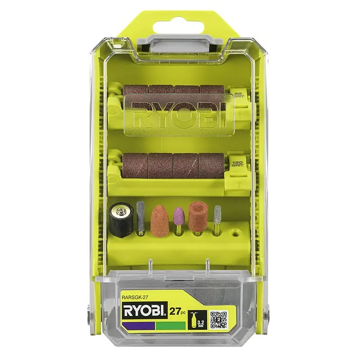 Ryobi Zubehör-Set Schleifen & Schärfen RARSGK-27 - 27 -tlg. - Das Bild zeigt ein Ryobi RARSGK-27 Schleifset mit verschiedenen Schleifaufsätzen in einer transparenten Kunststoffverpackung.