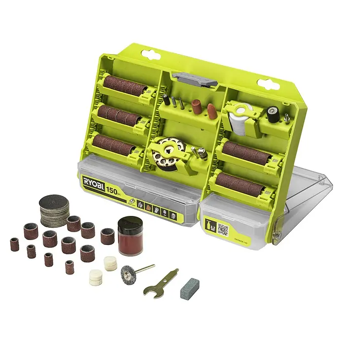 Ryobi Mehrzweck-Set RAR800K-150 - 150 -tlg. - Ryobi 150-teiliges Schleifzubehör-Set mit verschiedenen Schleifbändern, Schleifscheiben und Polierwerkzeugen für diverse Schleifarbeiten.