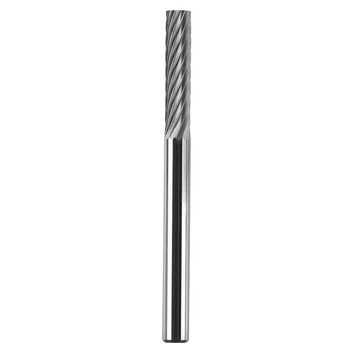 Ryobi Wolframkarbid-Fräser RAR107 - Form: Rechteckig, Durchmesser Schaft: 3,2 mm - Das Bild zeigt einen Schaftfräser, ein Werkzeug zur Materialbearbeitung mit spiralförmigen Schneiden, das für präzise Fräsarbeiten verwendet wird.