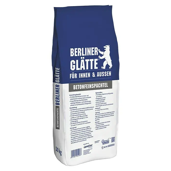 Berliner Glätte Betonfeinspachtel - 10 kg - Abbildung eines 10 kg Sackes Berliner Glätte Betonfeinspachtel für den Innen- und Außenbereich, ideal zum Glätten und Reparieren von Betonoberflächen.