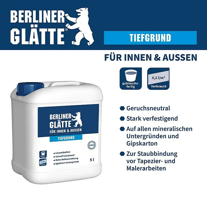 Berliner Glätte Tiefengrund - 5 l - Berliner Glätte Tiefgrund: Lösemittelfreie, schnell trocknende Grundierung für Innen- und Außenbereiche, ideal für vielfältige Untergründe.