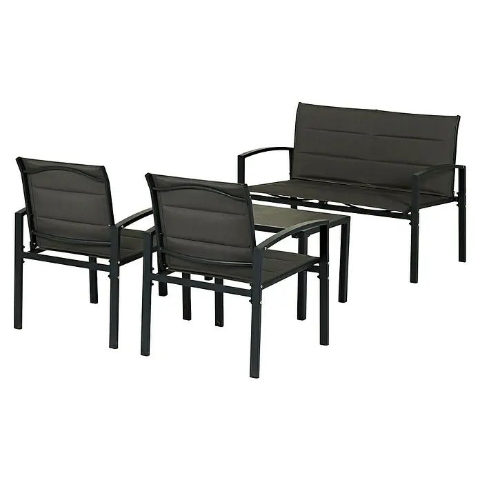 Loungemöbel-Set - 4 -tlg., Metall/Textil, Schwarz/Grau - Ein stilvolles Gartenset mit einem Zweisitzer-Sofa und zwei Sesseln, ideal für entspannte Stunden im Freien. Das Set besticht durch sein modernes Design.