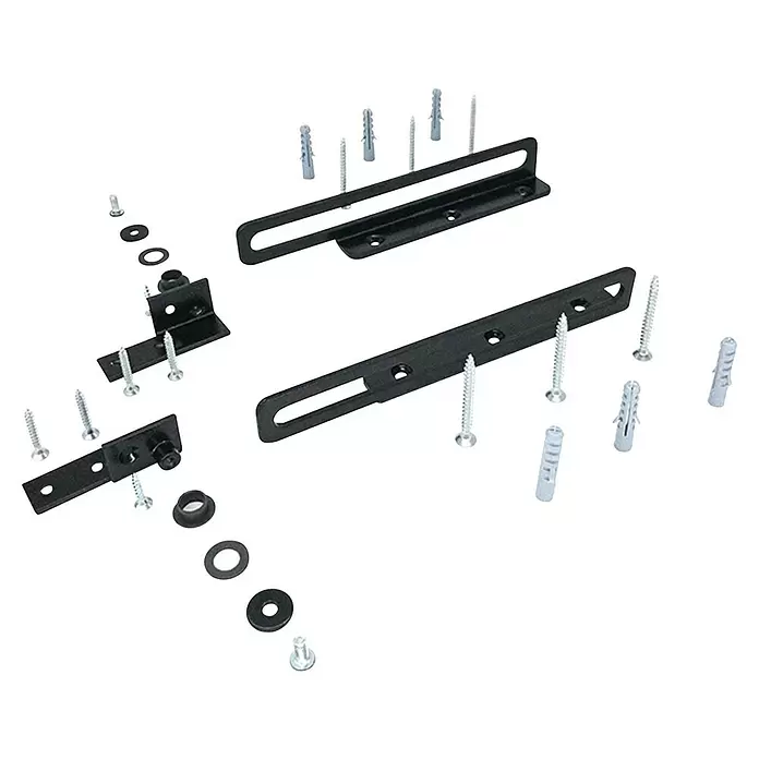Dolle Schiebebeschlag - Schwarz, Passend für: Dolle Hochbettleitern - Schwarze Metall-Montageteile: flache und L-förmige Halterungen, silberne Schrauben, graue Dübel und schwarze Unterlegscheiben.