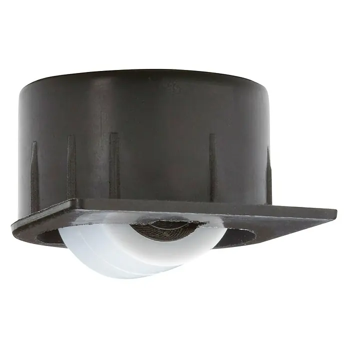 Dörner & Helmer Bohrsenkrolle - Ø x H: 25 x 18 mm, Traglast: 50 kg, Gleitlager, Material Gehäuse: Kunststoff - Diese Aufnahme zeigt einen schwarzen Rollenfuß mit einer weißen Kugel. Er dient als Möbelgleiter und ermöglicht leichtes Verschieben.