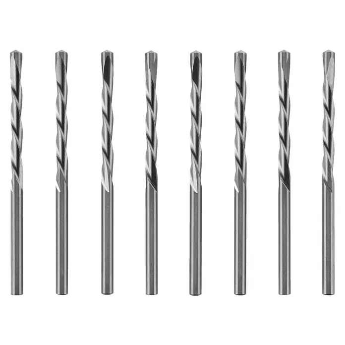 Ryobi Trockenbau-Bohrersatz RAR403-8 - 3,2 mm - Das Bild zeigt eine Nahaufnahme einer Reihe von silberfarbenen Bohrern mit spiralförmigen Nuten vor einem schwarzen Hintergrund.