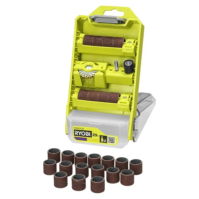 Ryobi Zubehör-Set Schleifen & Polieren RARSPK-29 - 29 -tlg. - Das Ryobi Schleifzubehör-Set mit verschiedenen Schleifhülsen und Bürstenaufsätzen für präzise Schleifarbeiten.