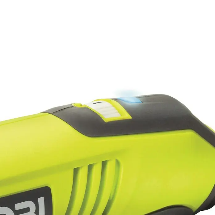 Ryobi Rotationswerkzeug-Set EHT150V - 150 W, 10.000 U/min - 35.000 U/min - Detailaufnahme eines gelb-schwarzen Ryobi-Werkzeugs mit einem weißen Schalter in der Position "1" und einer blauen LED-Anzeige.