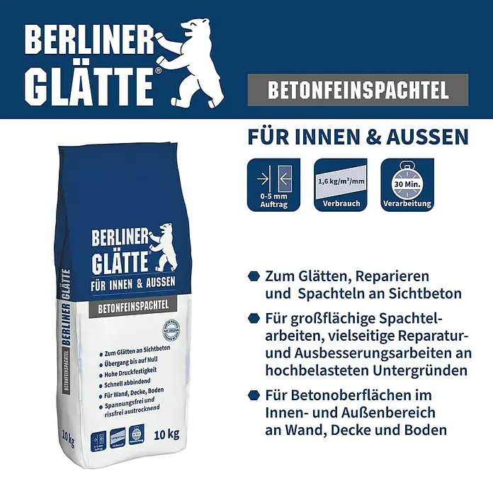Berliner Glätte Betonfeinspachtel - 10 kg - Produktabbildung: Berliner Glätte Betonfeinspachtel für Innen & Aussen, 10kg Sack, ideal zum Glätten, Reparieren und Spachteln an Sichtbeton.