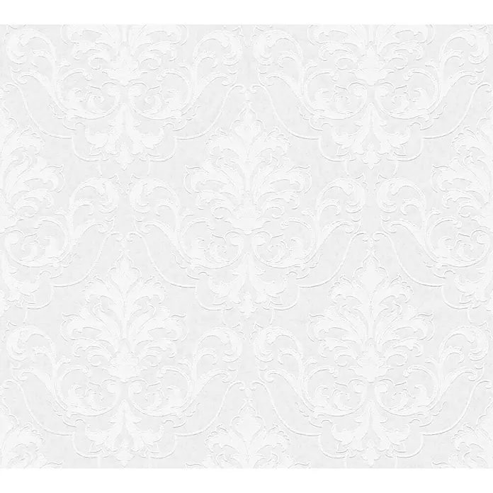 Atlantis Protect Vliestapete Barockornament - Weiß, Uni, 10,05 cm x 0,53 m - Weißes, nahtloses Damastmuster für stilvolle Hintergründe. Ein elegantes Design, perfekt für klassische und moderne Projekte.