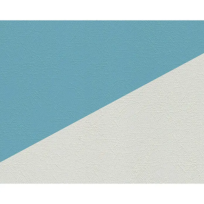 Atlantis Protect Vliestapete Strukturmuster - Weiß, Uni, 10,05 cm x 0,53 m - Eine zweifarbige Tapete mit einer strukturierten Oberfläche in Hellblau und Weiß, die durch eine diagonale Linie getrennt ist. Perfekt für moderne Innenräume.