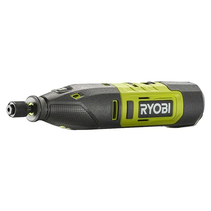 Ryobi Akku-Rotationswerkzeug RRT12-120BA335 - 12 V, 1 Akku, 2 Ah - Nahaufnahme eines Ryobi-Rotationswerkzeugs mit schwarzem und lindgrünem Gehäuse.