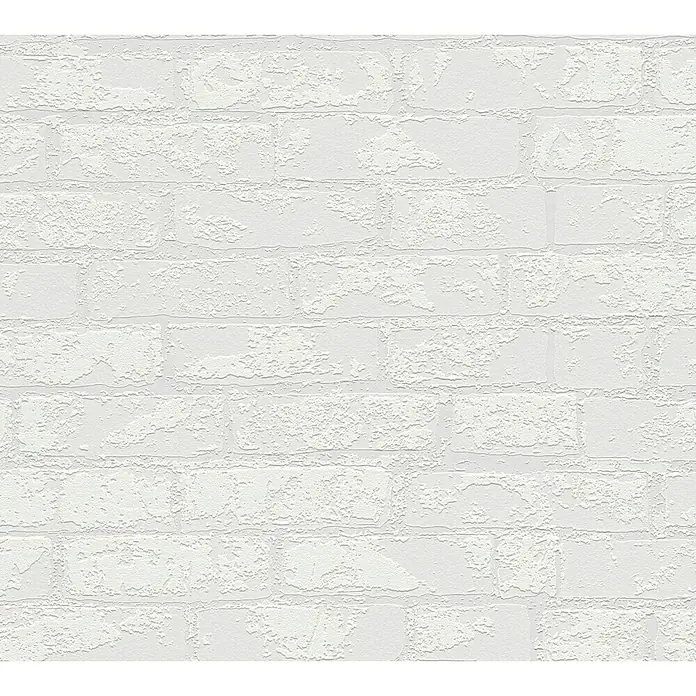 Atlantis Protect Vliestapete Ziegelstein - Weiß, Uni, 10,05 cm x 0,53 m - Nahaufnahme einer weißen Ziegelwandtapete, die eine dreidimensionale Textur und ein realistisches Mauerwerkdesign für eine moderne Raumgestaltung bietet.